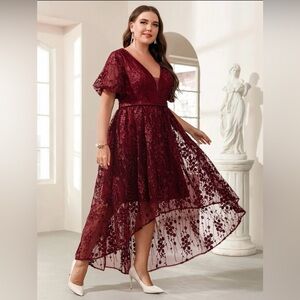 High Low SHEIN Dark Red/Burgundy Floral Lace Dress Size 1X/2X